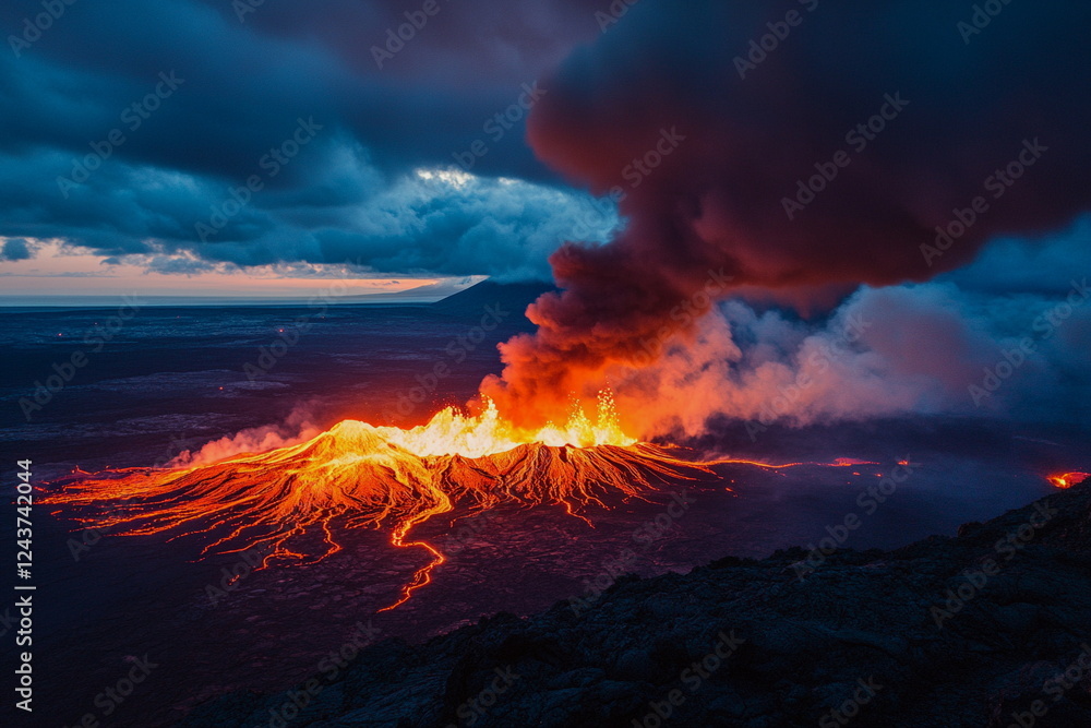 Fototapeta premium Volcanic eruption, lava flows and smoke