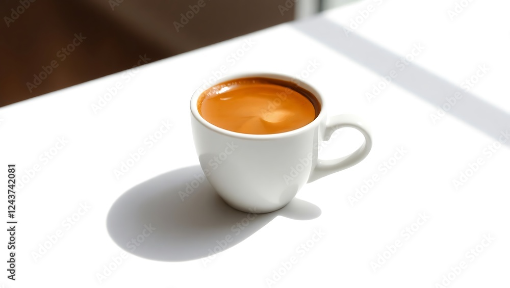Obraz premium Warm cup of coffee resting on a minimalist surface, natural light shining