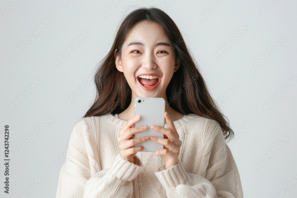 Ecstatic Asian woman holding a smartphone, celebrating her success against a white background Ecstatic Asian woman holding a smartphone, celebrating her success against a white background