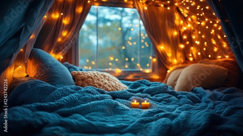 Cozy blanket fort with string lights
