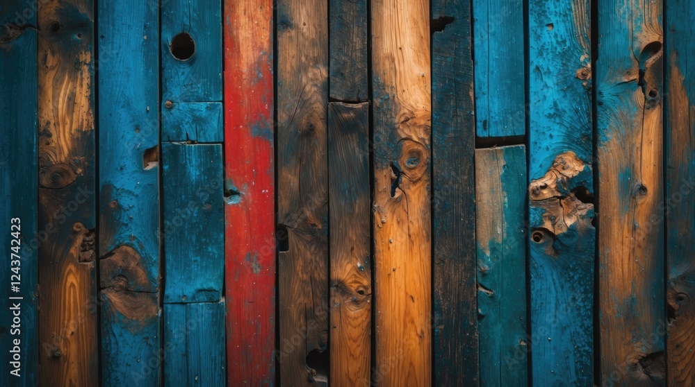 Colorful abstract wooden planks background showcasing vibrant blue, orange, and red hues with textured natural patterns and imperfections. Colorful abstract wooden planks background showcasing vibrant blue, orange, and red hues with textured natural patterns and imperfections.