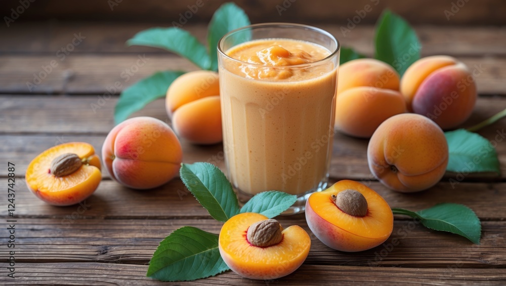 Fresh Apricot Smoothie Surrounded By Juicy Apricots And Green Leaves On A Rustic Wooden Table Ideal For Healthy Food Promotion Fresh Apricot Smoothie Surrounded By Juicy Apricots And Green Leaves On A Rustic Wooden Table Ideal For Healthy Food Promotion