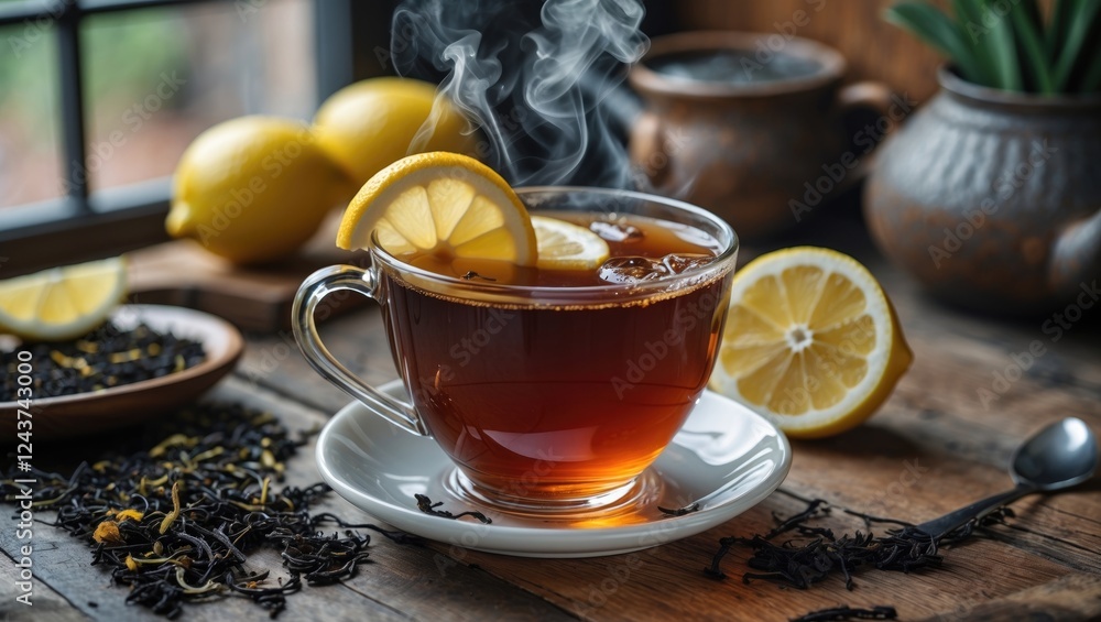 A steaming cup of black tea with lemon slices on a wooden table as part of a cozy breakfast setting. A steaming cup of black tea with lemon slices on a wooden table as part of a cozy breakfast setting.