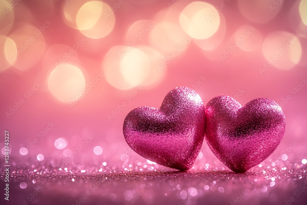 Fototapeta premium Romantic Pink Hearts on Glittering Background