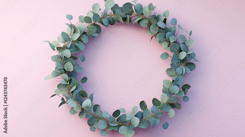 Obraz premium Decorative eucalyptus wreath on a soft pink background for spring decor