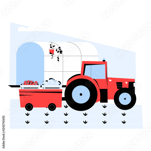 Red Tractor With Trailer Carrying Harvest In Flat Vector Illustration Symbolizing Agriculture, Farming, And Rural Economy, Isolated On White Background