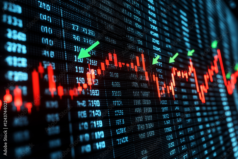A stock market graph with red and blue candlestick charts on a black background, featuring multiple trading bar lines representing financial data A stock market graph with red and blue candlestick charts on a black background, featuring multiple trading bar lines representing financial data