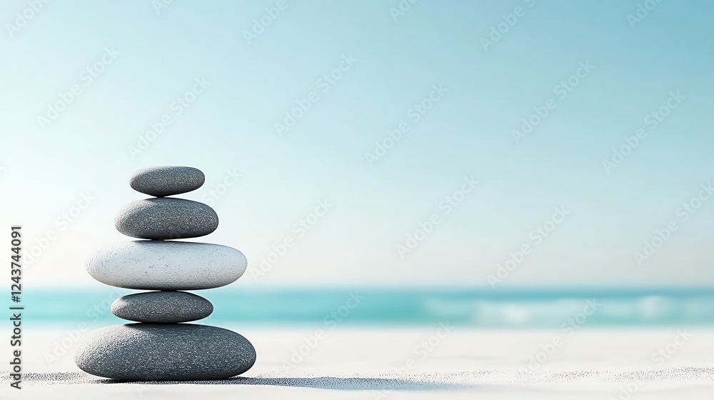 Zen beach, stacked stones, peaceful meditation vibe, 3D illustration Zen beach, stacked stones, peaceful meditation vibe, 3D illustration