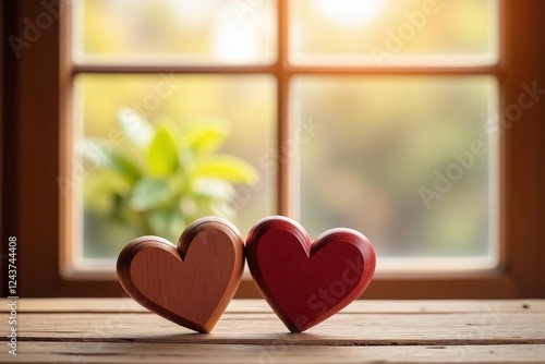 two carved wooden hearts on rustic surface sunlit window