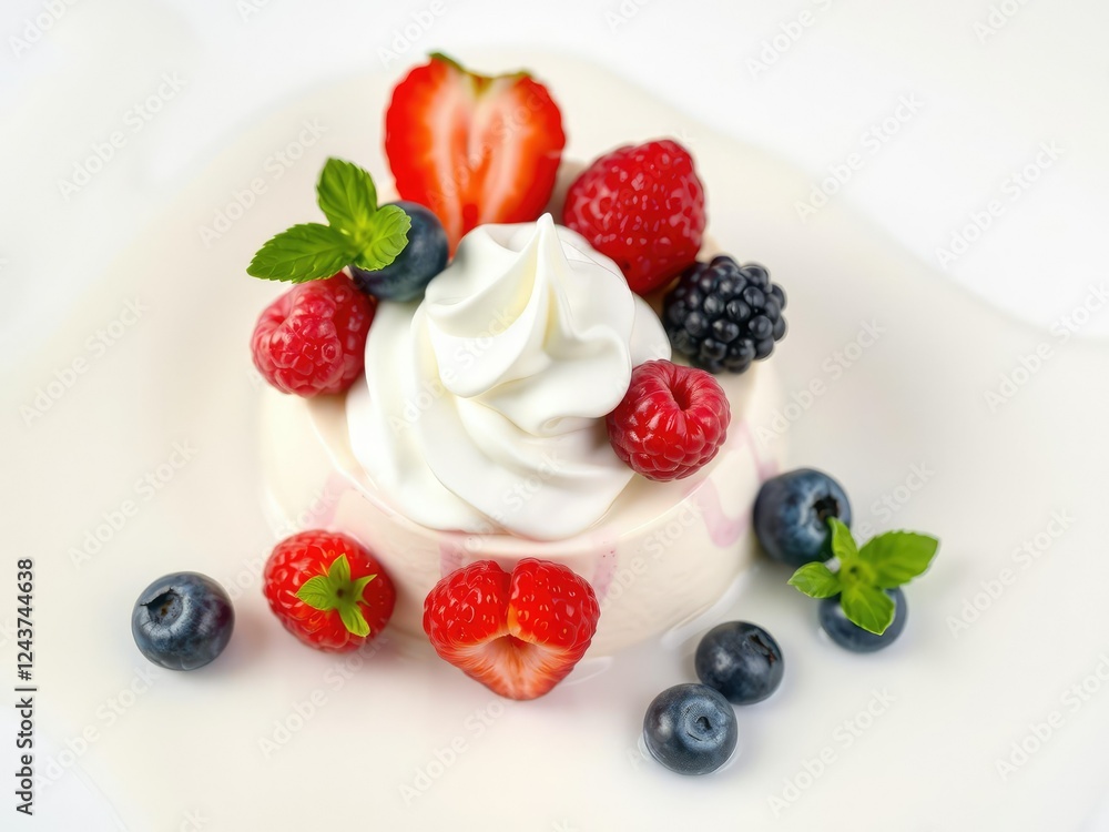 Vanilla bean infused cremeaux topped with a dollop of whipped cream and fresh berries amidst a delicate milk splash, fruit topping, desserts, cream dessert Vanilla bean infused cremeaux topped with a dollop of whipped cream and fresh berries amidst a delicate milk splash, fruit topping, desserts, cream dessert