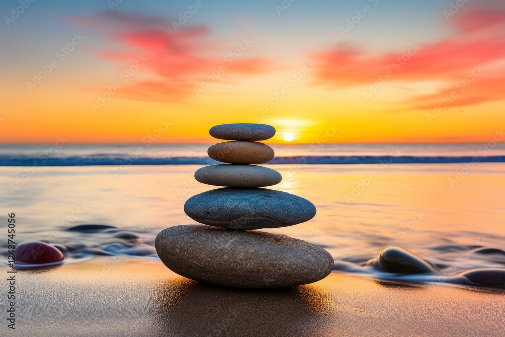 Smooth stones stacked on a tranquil beach during a vibrant sunset Smooth stones stacked on a tranquil beach during a vibrant sunset