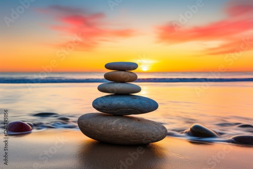 Wallpaper Mural Smooth stones stacked on a tranquil beach during a vibrant sunset Torontodigital.ca