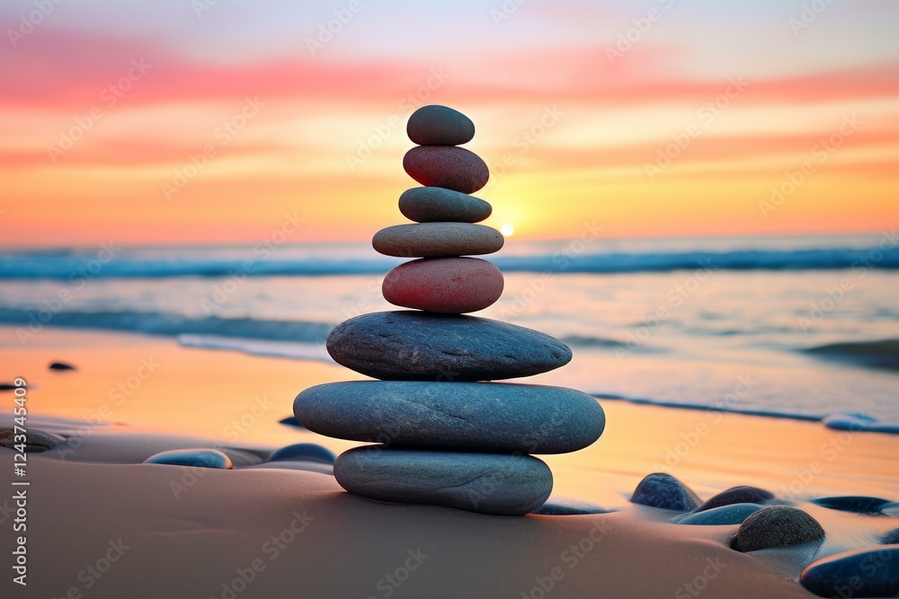 Smooth stones stacked on a beach during a vibrant sunset Smooth stones stacked on a beach during a vibrant sunset