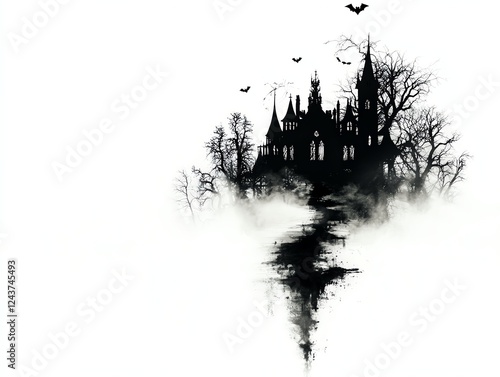 a horrorthemed park, eerie haunted house, fogcovered pathways, spooky decorations, dark and mysterious, isolated on white background photo