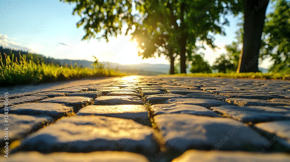Obraz premium a brickpaved road, warm earthy tones, historical ambiance, European charm, vintage aesthetic, isolated on white background