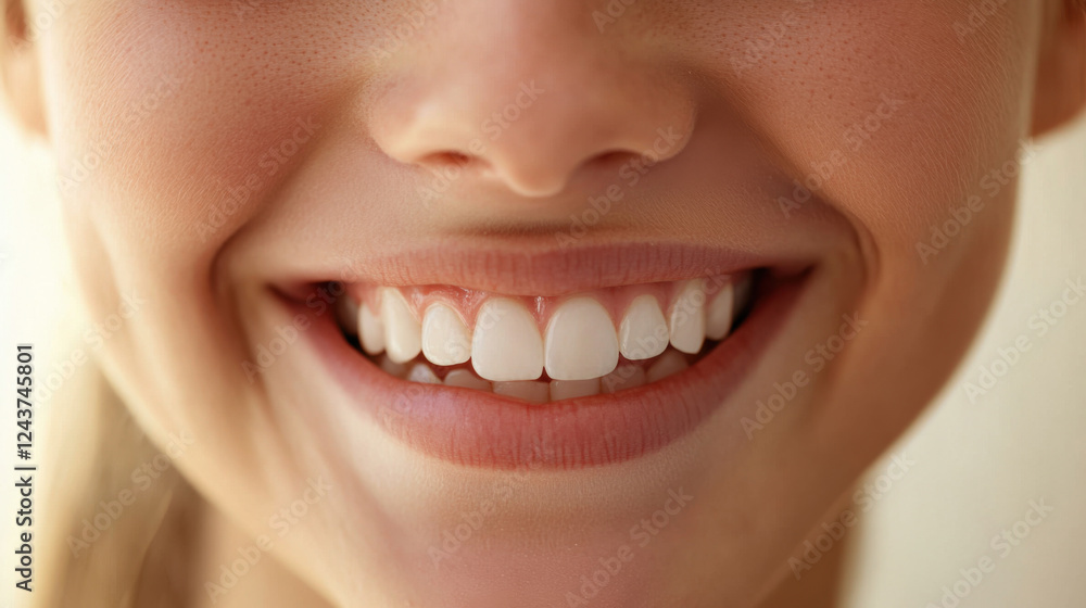 Fototapeta premium Bright and Radiant Smile of a Young Woman Featuring Healthy White Teeth and a Genuine Expression of Happiness Against a Soft Neutral Background