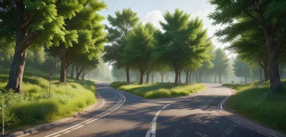 Vibrant greenery of landscape with road winding through trees, scenic view, nature, summer Vibrant greenery of landscape with road winding through trees, scenic view, nature, summer