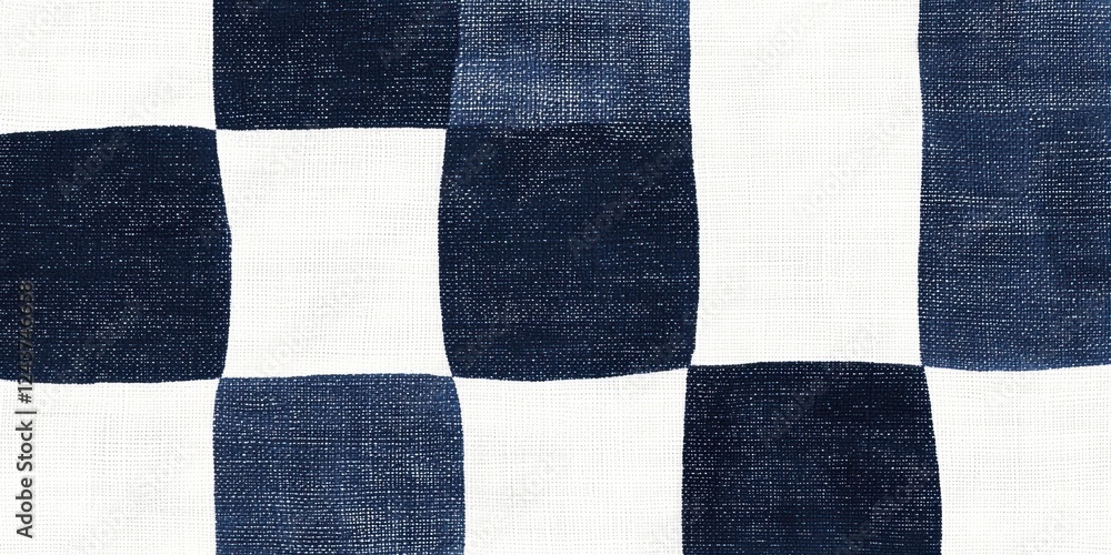 Fototapeta premium Navy and white checkerboard fabric pattern. Large hand-painted squares in a flat, minimal background. Calm structure and balance for branding. Ideal for textiles, packaging, and web banners.