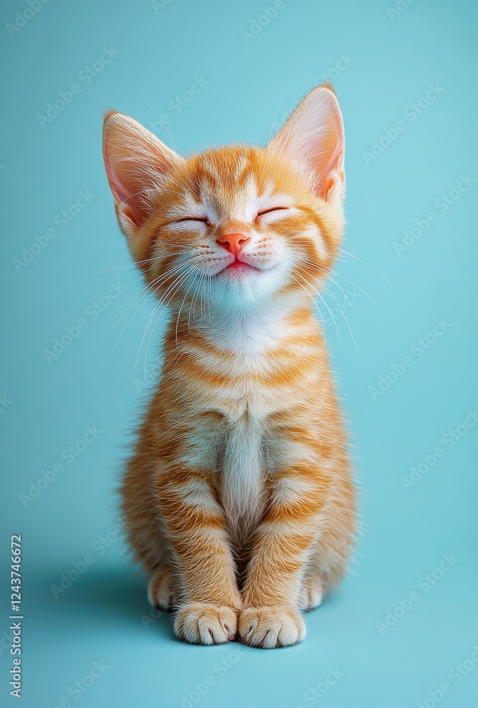 Adorable orange tabby kitten with closed eyes and playful expression sitting on a light blue background, evoking feelings of joy and cuteness in pet lovers Adorable orange tabby kitten with closed eyes and playful expression sitting on a light blue background, evoking feelings of joy and cuteness in pet lovers