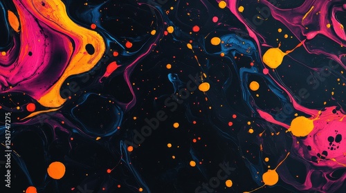 Abstract colorful liquid paint splashes on black background creating a vibrant artistic effect