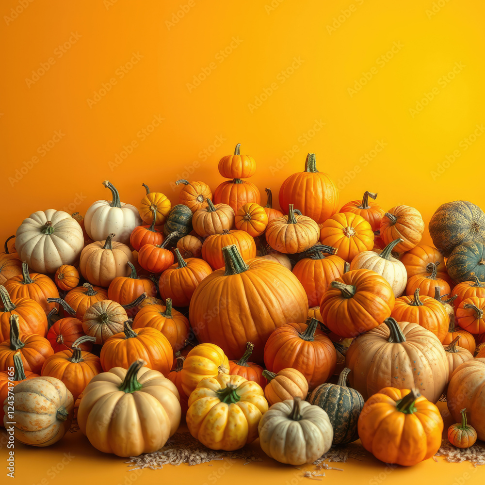 Vibrant yellow orange backdrop with assorted pumpkins and gourds, decoration, fall, gourd, halloween Vibrant yellow orange backdrop with assorted pumpkins and gourds, decoration, fall, gourd, halloween