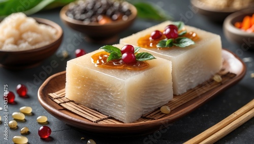 Fermented glutinous rice dessert Khao Mark served on a wooden plate with garnishes and colorful ingredients on a dark surface