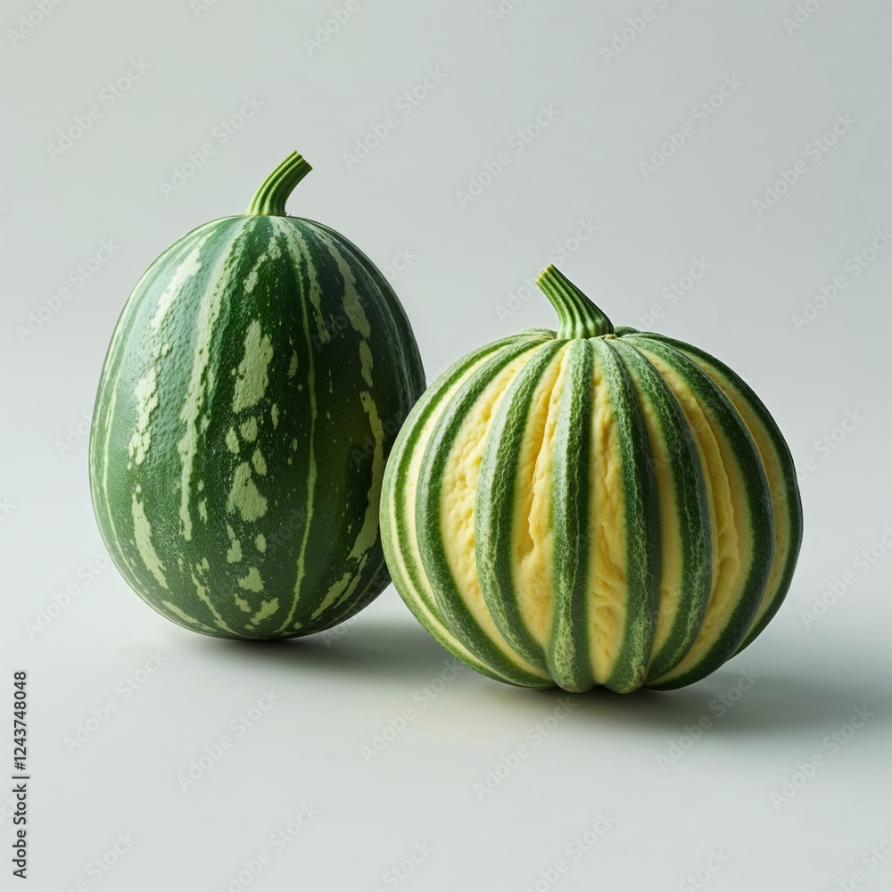 A bitter melon fruit green and yellow on plain white background A bitter melon fruit green and yellow on plain white background