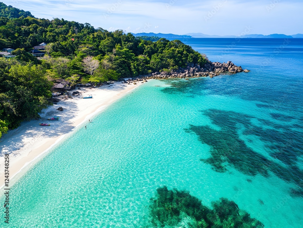 Fototapeta premium Aerial view of a secluded beach with turquoise waters, rugged cliffs, and lush greenery, exotic paradise, travel destination, vibrant natural beauty