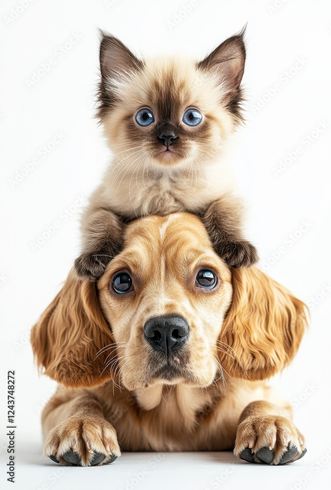 Obraz premium Adorable puppy and fluffy kitten pose together in a playful and cute manner, showcasing their friendship and bond against a clean white background