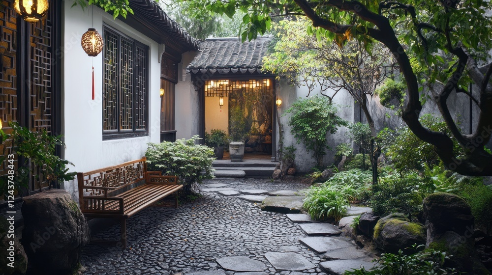 Serene courtyard garden with stone path, bench, and traditional architecture. Serene courtyard garden with stone path, bench, and traditional architecture.