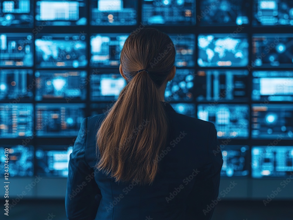 Monitoring data analysis control room digital screens high-tech environment back view information management Monitoring data analysis control room digital screens high-tech environment back view information management