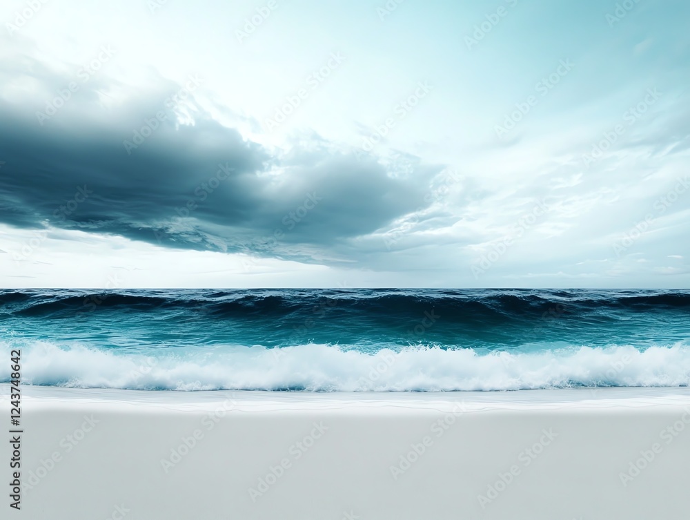 Fototapeta premium a stormy beach with dramatic clouds, dark waves, intense atmosphere, moody aesthetic, isolated on white background