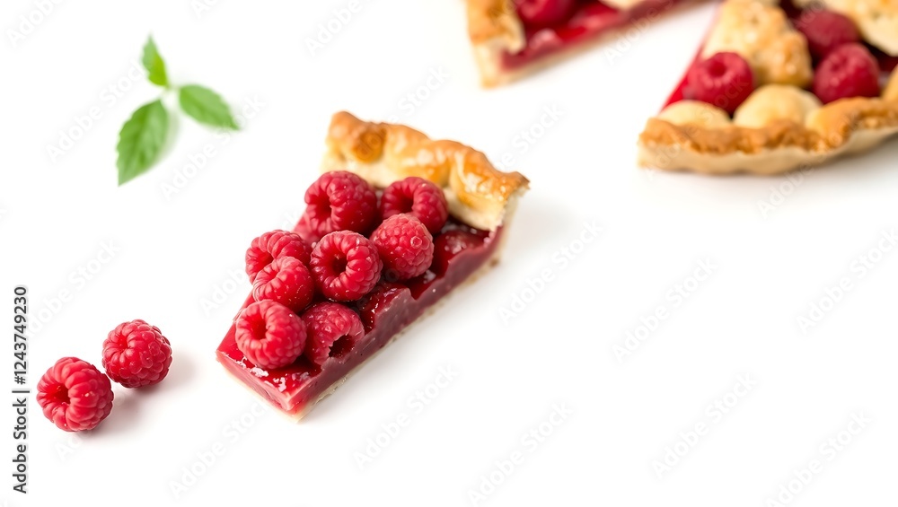 Delicious raspberry pie slice on white surface with fresh berries Delicious raspberry pie slice on white surface with fresh berries