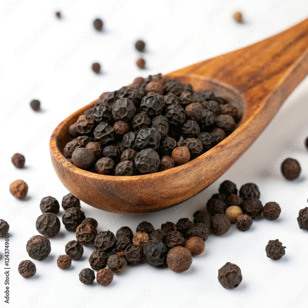 black pepper in a wooden spoon black pepper in a wooden spoon