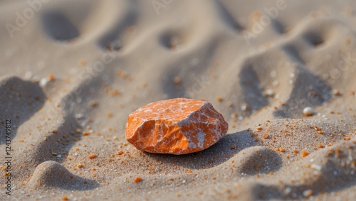 Tiny orange rock on sunlit sand creating a subtle contrast with textured surface, emphasizing simplicity in natural settings.