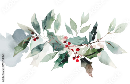 Beautiful christmas decoration Holly leaves and pine branches Watercolor vector illustration christmas border,festival set,new year