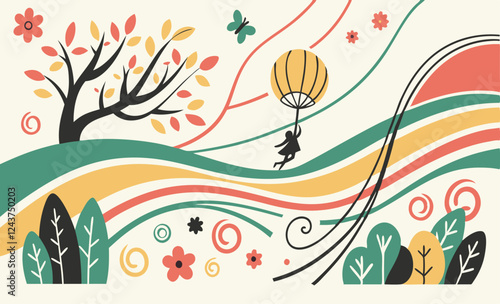 Joyful Girl Hot Air Balloon Autumn Landscape Illustration - Vector Graphic.