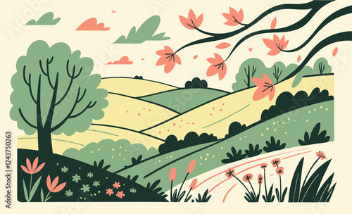 Spring Landscape Illustration: Pastel Hills, Blooming Flowers.