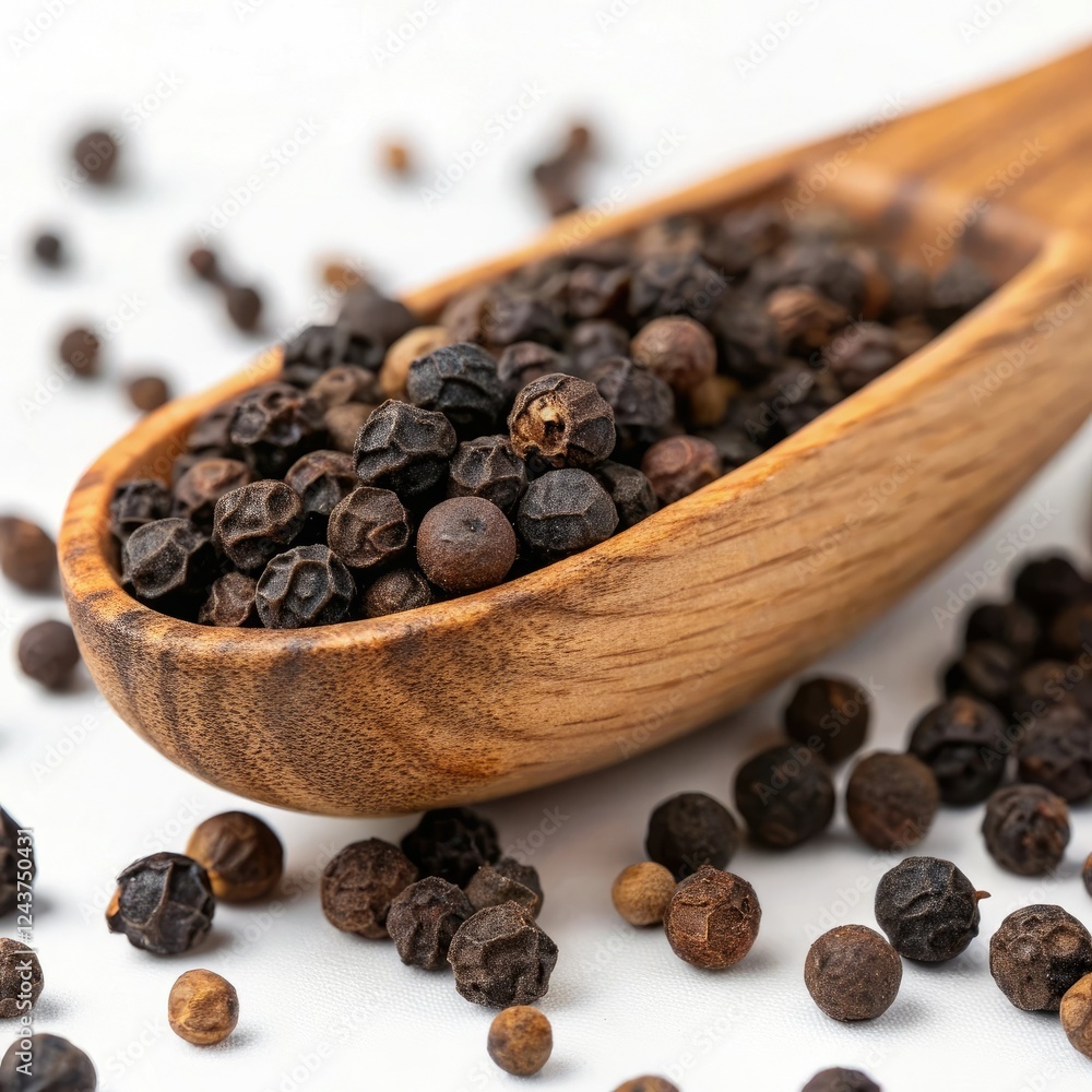black pepper in a wooden spoon black pepper in a wooden spoon