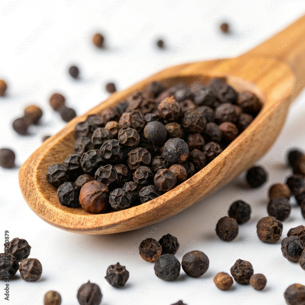 black pepper in a wooden spoon black pepper in a wooden spoon