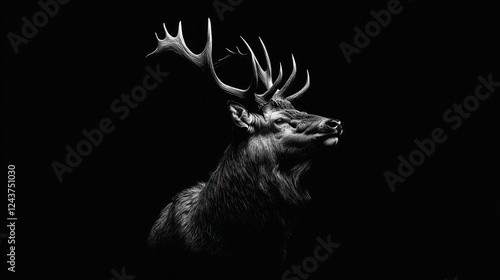 Elegant stag profile, black and white, dramatic lighting, isolated on black background.