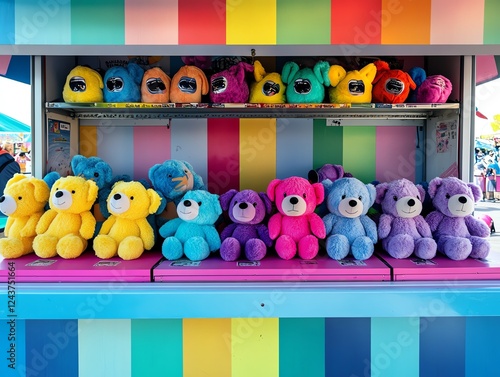 Carnival game booth with stuffed animal prizes, colorful striped tents, nostalgic and lively fairground setting photo