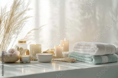 Wallpaper Mural Conjunto de itens de spa com toalhas, velas e elementos decorativos em tons neutros, capturados com luz natural suave, criado com IA generativa. Torontodigital.ca