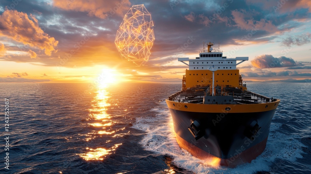 Fototapeta premium Cargo Ship or Container Ship Sailing Towards a Glowing Dramatic Horizon at Sunset or Sunrise Over the Open Ocean or Sea with Reflections on the Water