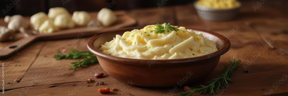 Warmly lit bowl of mashed potatoes on a wooden table , cozy atmosphere, natural wood, comforting food Warmly lit bowl of mashed potatoes on a wooden table , cozy atmosphere, natural wood, comforting food