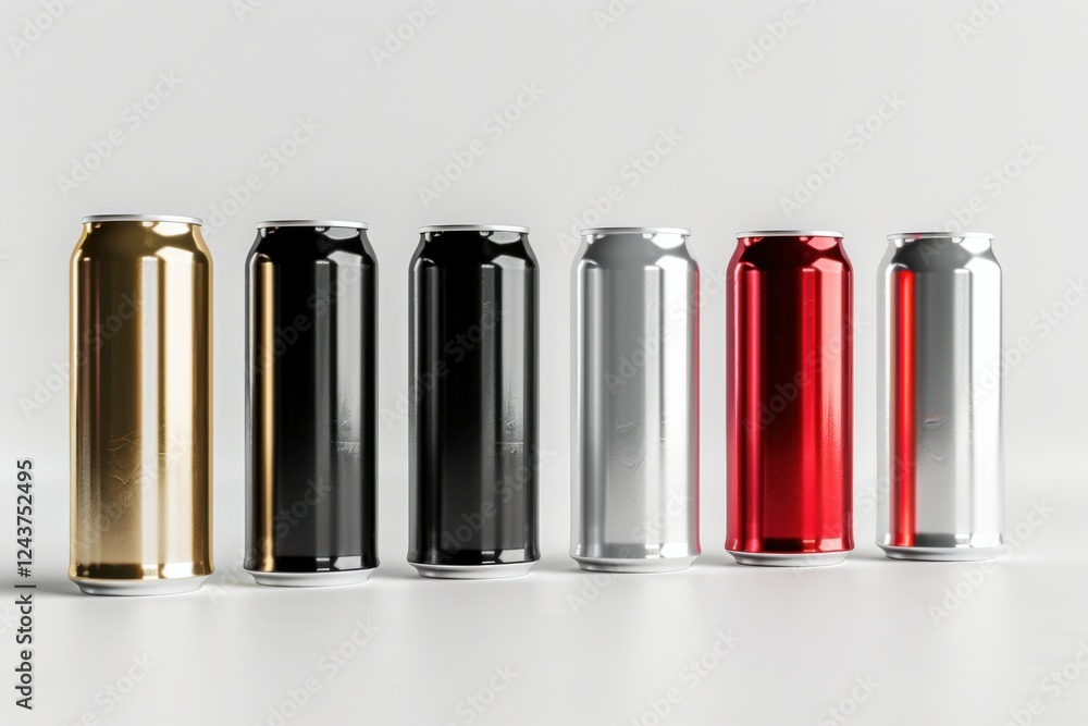 Elegant 3D render of aluminum slim cans in silver, white, black, and red, standing upright on a white background, ideal for beer can mockup templates Elegant 3D render of aluminum slim cans in silver, white, black, and red, standing upright on a white background, ideal for beer can mockup templates
