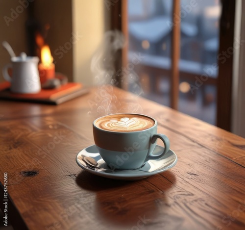 Warmly lit wooden table with a steaming cup of coffee, table, morning beverage, coffee beans photo