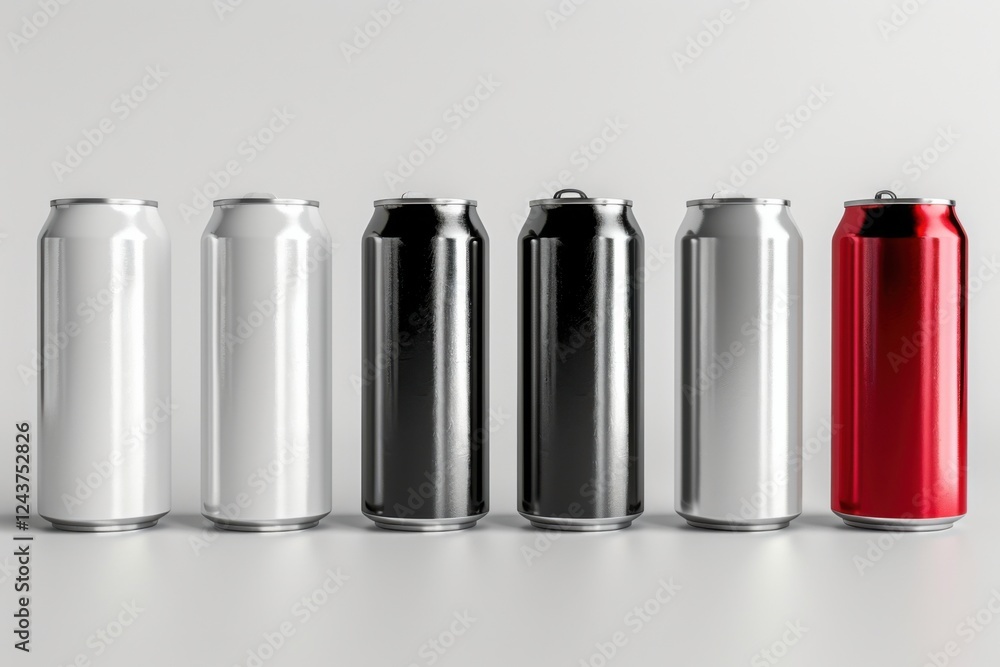 Elegant 3D render of aluminum slim cans in silver, white, black, and red, standing upright on a white background, ideal for beer can mockup templates Elegant 3D render of aluminum slim cans in silver, white, black, and red, standing upright on a white background, ideal for beer can mockup templates