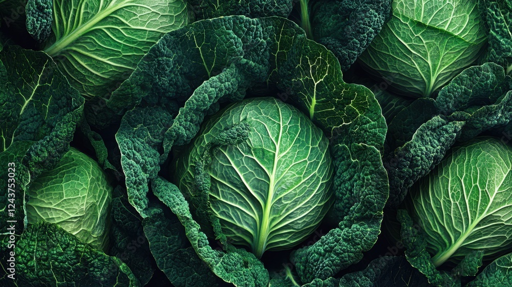 Obraz premium Abstract pattern created from overlapping cabbage leaves, symmetrical and artistic, deep green hues, seamless texture