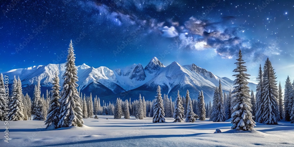 Fototapeta premium Celestial Snowscape Milky Way, Snowy Peaks, Winter Forest